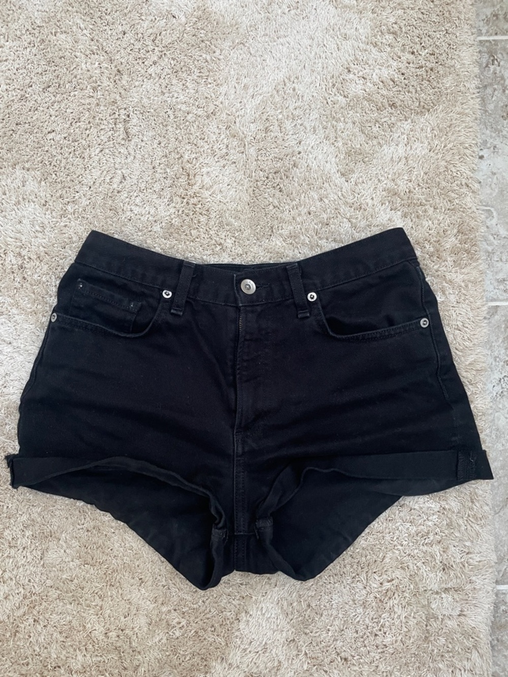 rag & bone Black High-Waist Rolled Hem Denim Shorts